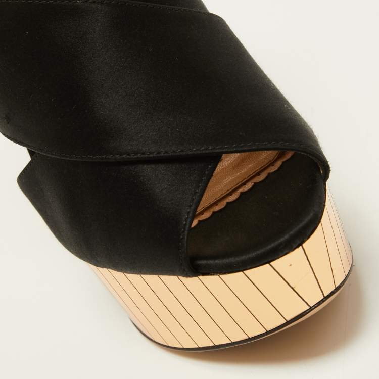 مملوكة مسبقًا Charlotte Olympia Black Satin Wedge Ankle Strap Sandals Size 36 