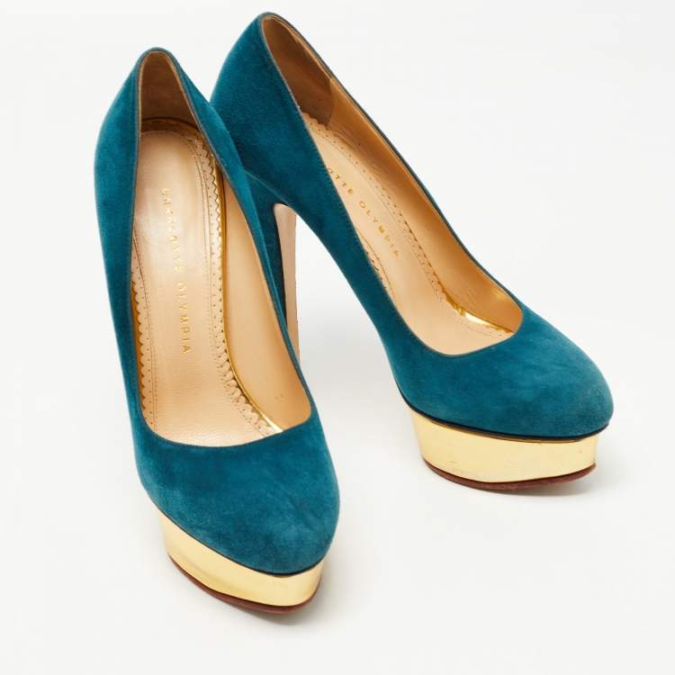 مملوكة مسبقًا Charlotte Olympia Teal Suede Dolly Platform Pumps Size 40