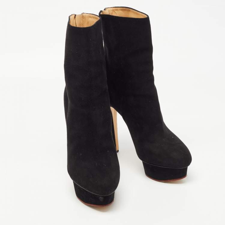Pre Owned Charlotte Olympia Black Suede Platform Ankle Booties Size 38
