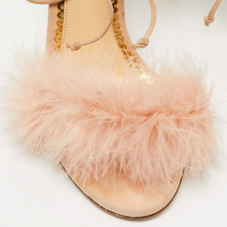 Pre Owned Charlotte Olympia Light Pink Suede and Fur Salsa Ankle Wrap Sandals Size 39