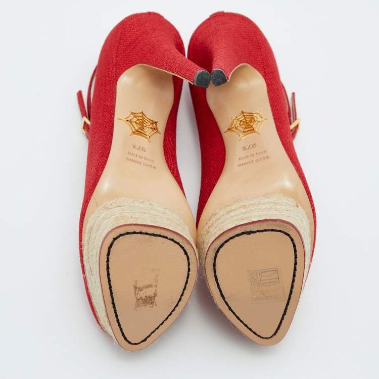 Pre Owned Charlotte Olympia Red Canvas Dolores Ankle Strap Platform Pumps Size 37.5