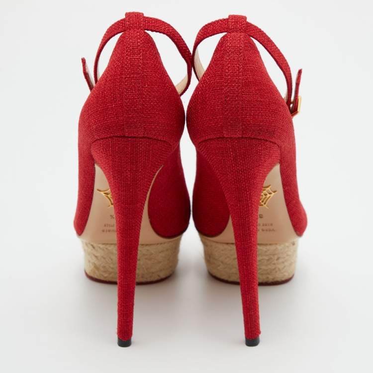 Pre Owned Charlotte Olympia Red Canvas Dolores Ankle Strap Platform Pumps Size 37.5