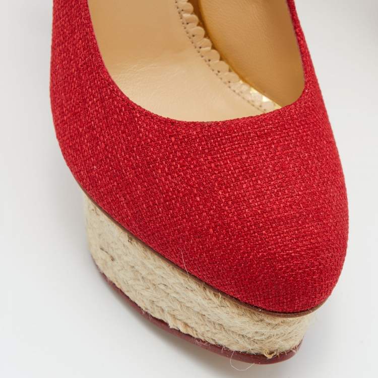 Pre Owned Charlotte Olympia Red Canvas Dolores Ankle Strap Platform Pumps Size 37.5