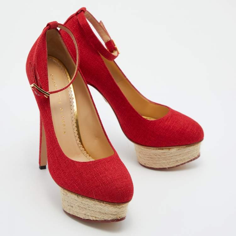 Pre Owned Charlotte Olympia Red Canvas Dolores Ankle Strap Platform Pumps Size 37.5
