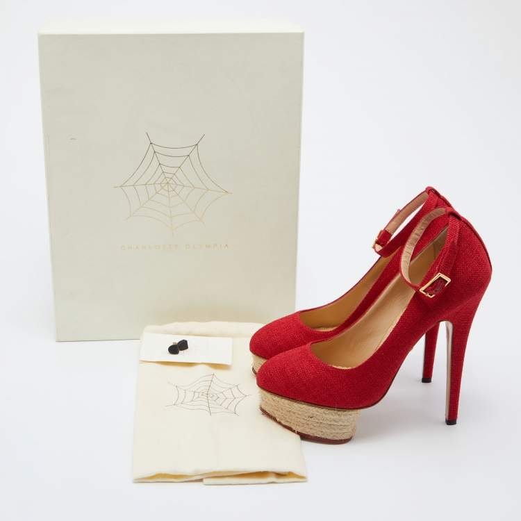 Pre Owned Charlotte Olympia Red Canvas Dolores Ankle Strap Platform Pumps Size 37.5