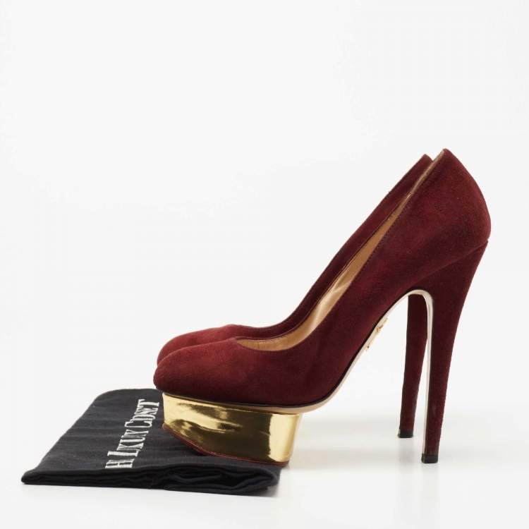 Pre Owned Charlotte Olympia Burgundy Suede Dolly Platform Pumps Size 36.5