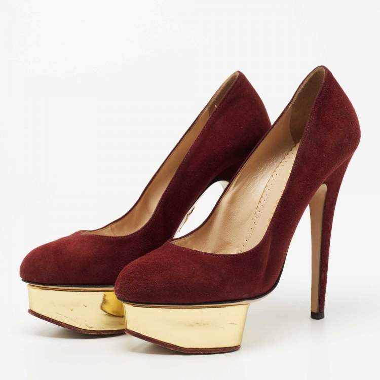 Pre Owned Charlotte Olympia Burgundy Suede Dolly Platform Pumps Size 36.5