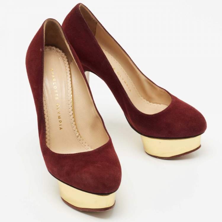 Pre Owned Charlotte Olympia Burgundy Suede Dolly Platform Pumps Size 36.5