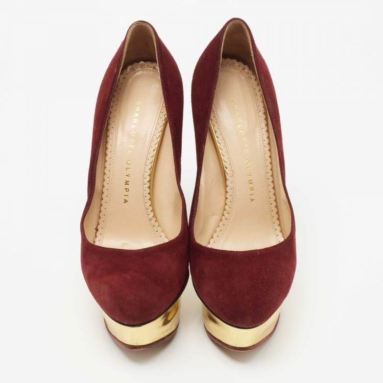 Pre Owned Charlotte Olympia Burgundy Suede Dolly Platform Pumps Size 36.5