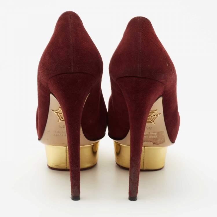 Pre Owned Charlotte Olympia Burgundy Suede Dolly Platform Pumps Size 36.5