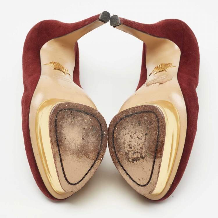 Pre Owned Charlotte Olympia Burgundy Suede Dolly Platform Pumps Size 36.5