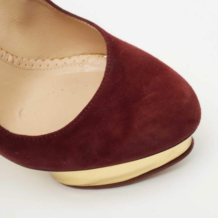 Pre Owned Charlotte Olympia Burgundy Suede Dolly Platform Pumps Size 36.5