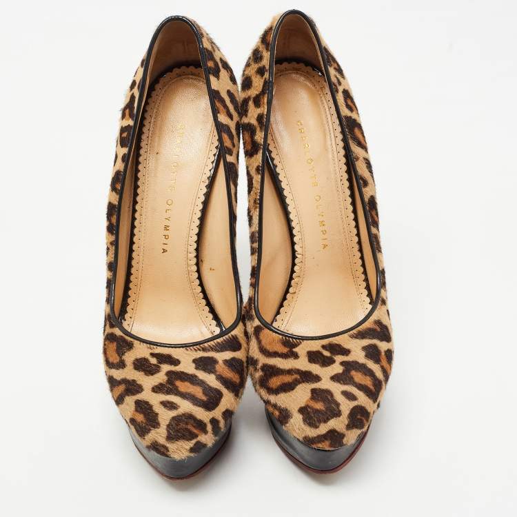 Pre Owned Charlotte Olympia Brown/Beige Leopard Print Calf Hair Dolly Platform Pumps Size 41