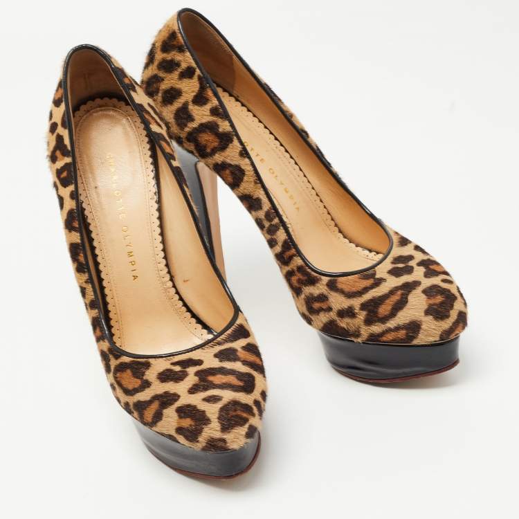 Pre Owned Charlotte Olympia Brown/Beige Leopard Print Calf Hair Dolly Platform Pumps Size 41