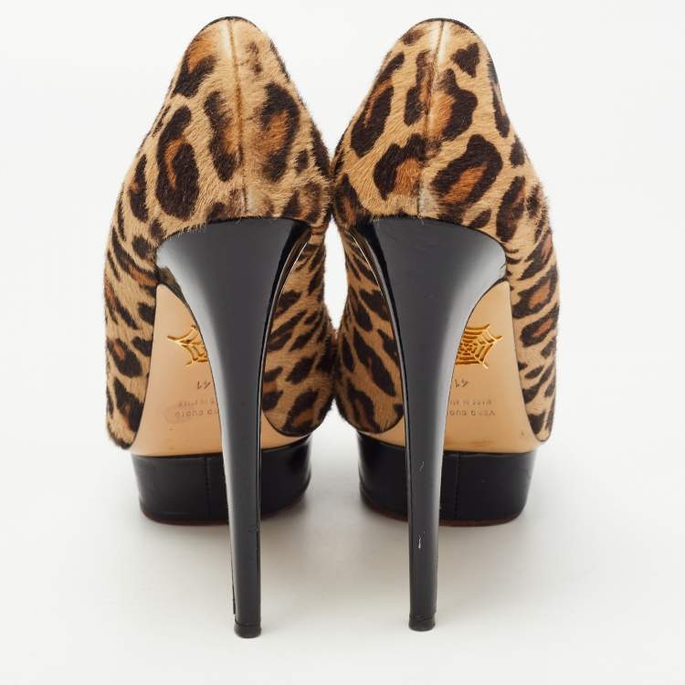 Pre Owned Charlotte Olympia Brown/Beige Leopard Print Calf Hair Dolly Platform Pumps Size 41