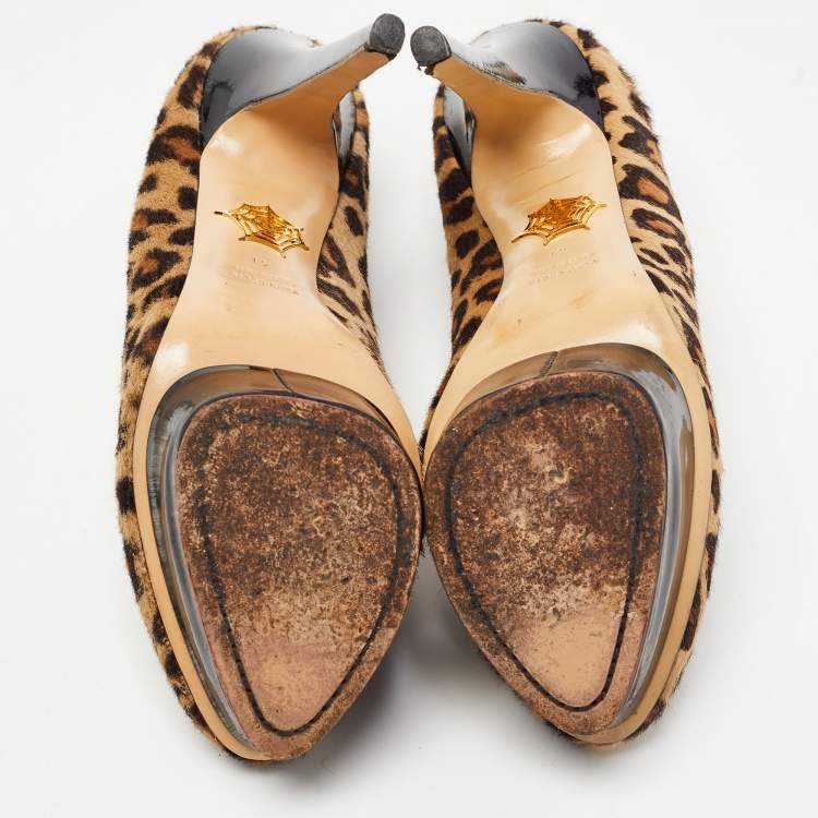 Pre Owned Charlotte Olympia Brown/Beige Leopard Print Calf Hair Dolly Platform Pumps Size 41