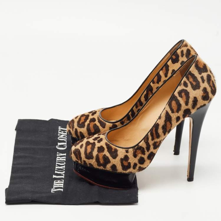 Pre Owned Charlotte Olympia Brown/Beige Leopard Print Calf Hair Dolly Platform Pumps Size 41