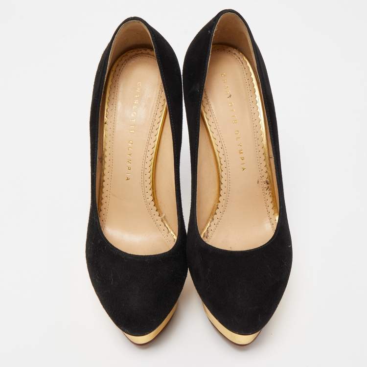Pre Owned Charlotte Olympia Black Suede Dolly Platform Pumps Size 37.5