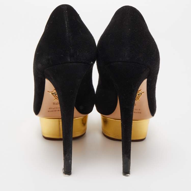 Pre Owned Charlotte Olympia Black Suede Dolly Platform Pumps Size 37.5