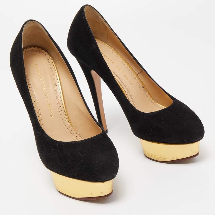 Pre Owned Charlotte Olympia Black Suede Dolly Platform Pumps Size 37.5