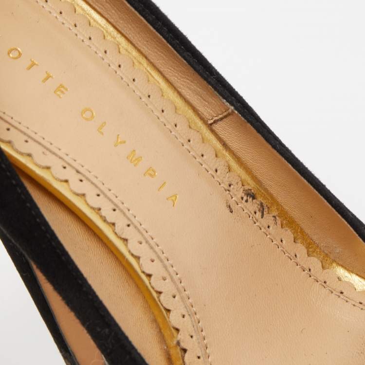 Pre Owned Charlotte Olympia Black Suede Dolly Platform Pumps Size 37.5