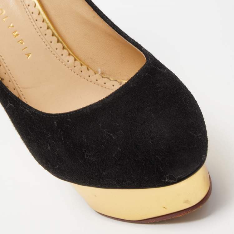 Pre Owned Charlotte Olympia Black Suede Dolly Platform Pumps Size 37.5