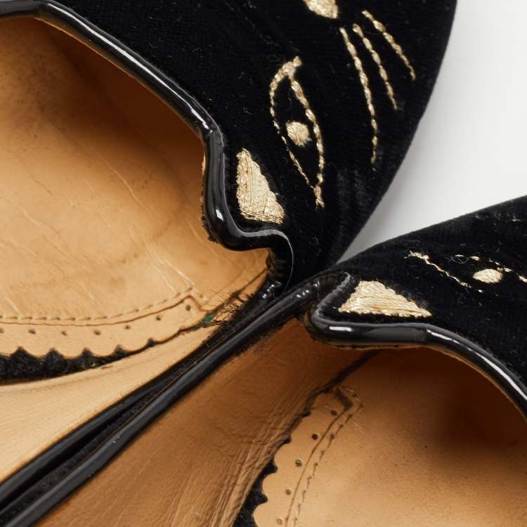 Pre Owned Charlotte Olympia Black Velvet Embroidered Kitty Ballet Flats Size 37.5