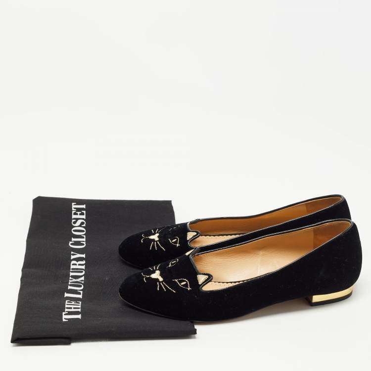 Pre Owned Charlotte Olympia Black Velvet Embroidered Kitty Ballet Flats Size 37.5