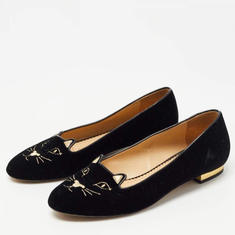 Pre Owned Charlotte Olympia Black Velvet Embroidered Kitty Ballet Flats Size 37.5