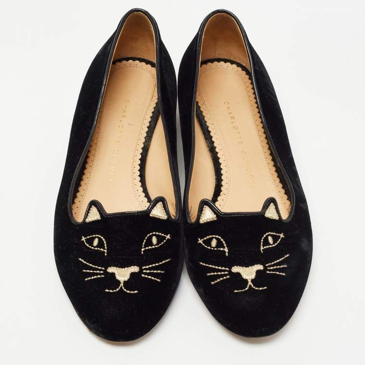 Pre Owned Charlotte Olympia Black Velvet Embroidered Kitty Ballet Flats Size 37.5