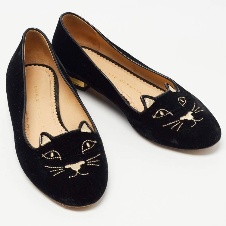 Pre Owned Charlotte Olympia Black Velvet Embroidered Kitty Ballet Flats Size 37.5