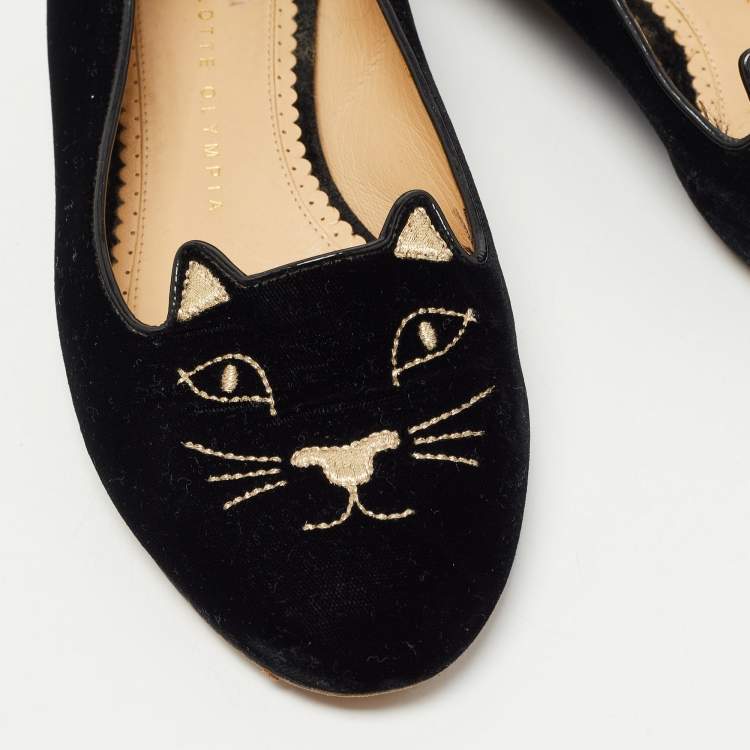 Pre Owned Charlotte Olympia Black Velvet Embroidered Kitty Ballet Flats Size 37.5
