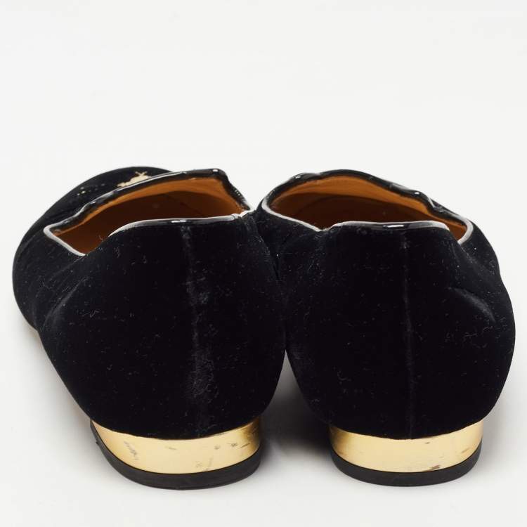Pre Owned Charlotte Olympia Black Velvet Embroidered Kitty Ballet Flats Size 37.5