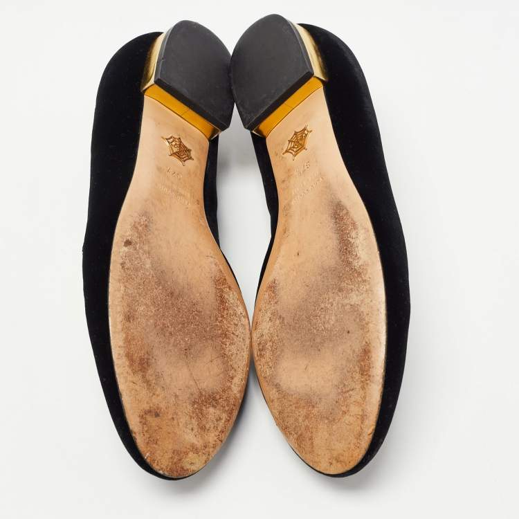 Pre Owned Charlotte Olympia Black Velvet Embroidered Kitty Ballet Flats Size 37.5