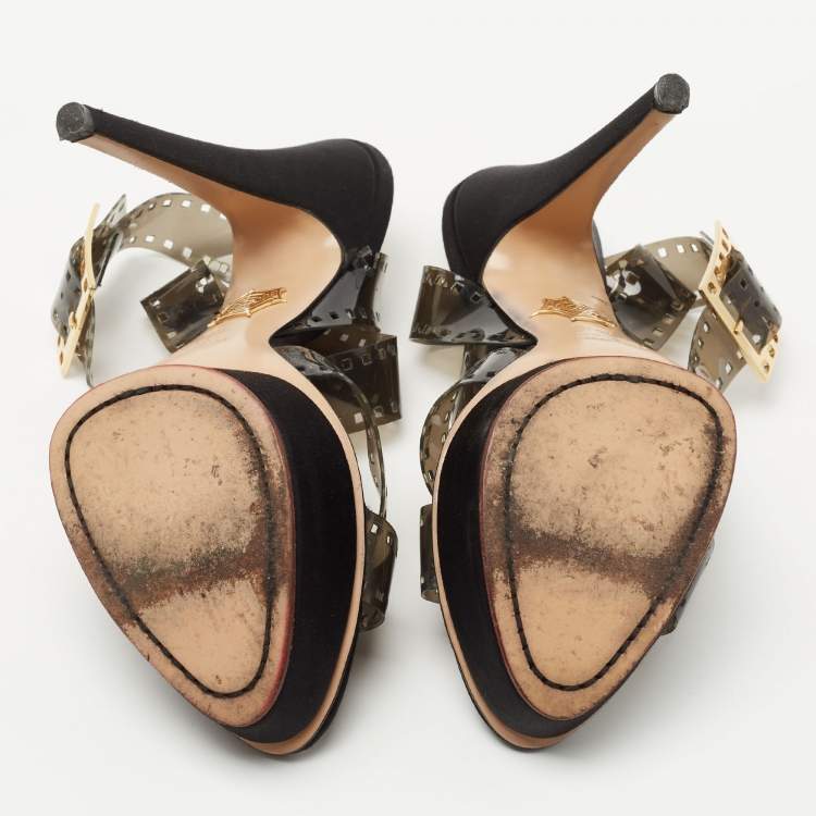 Pre Owned Charlotte Olympia Transparent/Black PVC  Take 85 Film Strip Sandals Size40