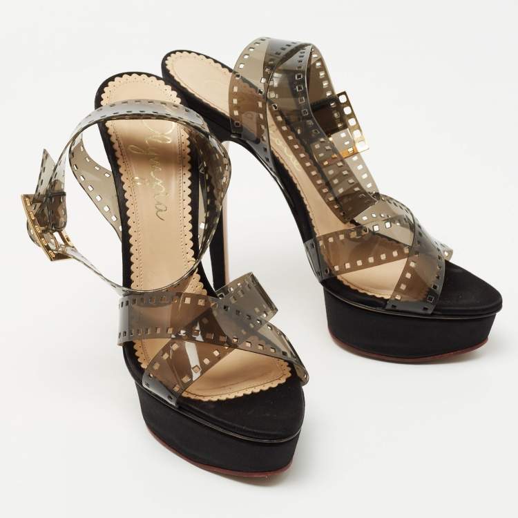 Pre Owned Charlotte Olympia Transparent/Black PVC  Take 85 Film Strip Sandals Size40