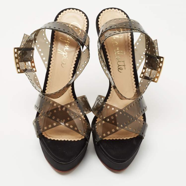 Pre Owned Charlotte Olympia Transparent/Black PVC  Take 85 Film Strip Sandals Size40