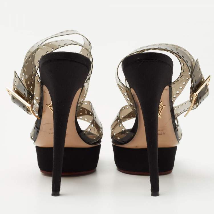 Pre Owned Charlotte Olympia Transparent/Black PVC  Take 85 Film Strip Sandals Size40