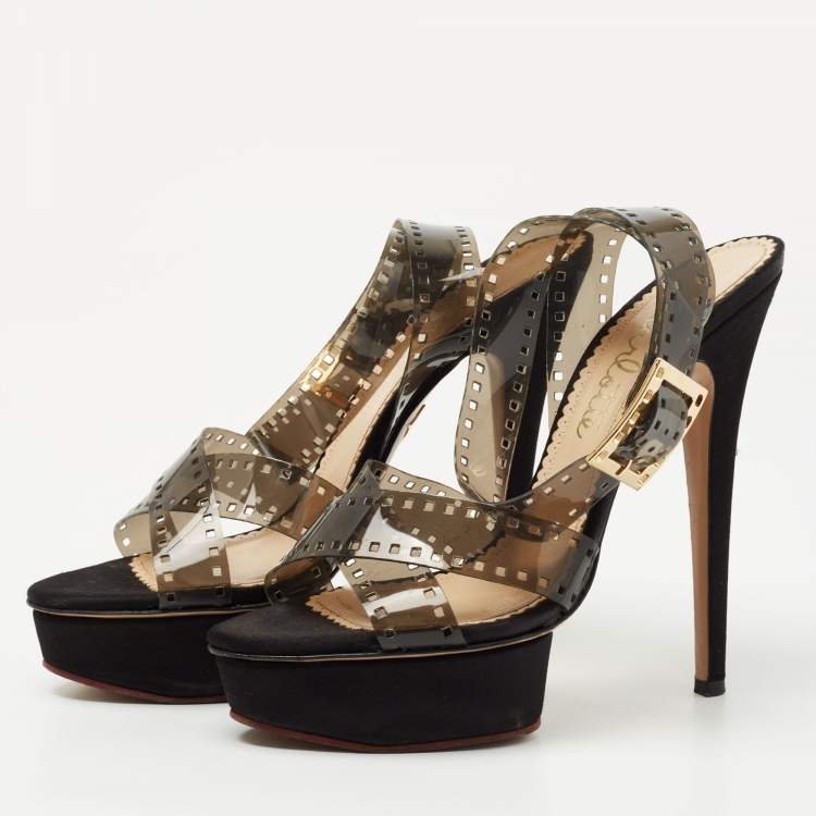 Pre Owned Charlotte Olympia Transparent/Black PVC  Take 85 Film Strip Sandals Size40