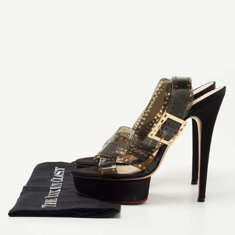 Pre Owned Charlotte Olympia Transparent/Black PVC  Take 85 Film Strip Sandals Size40