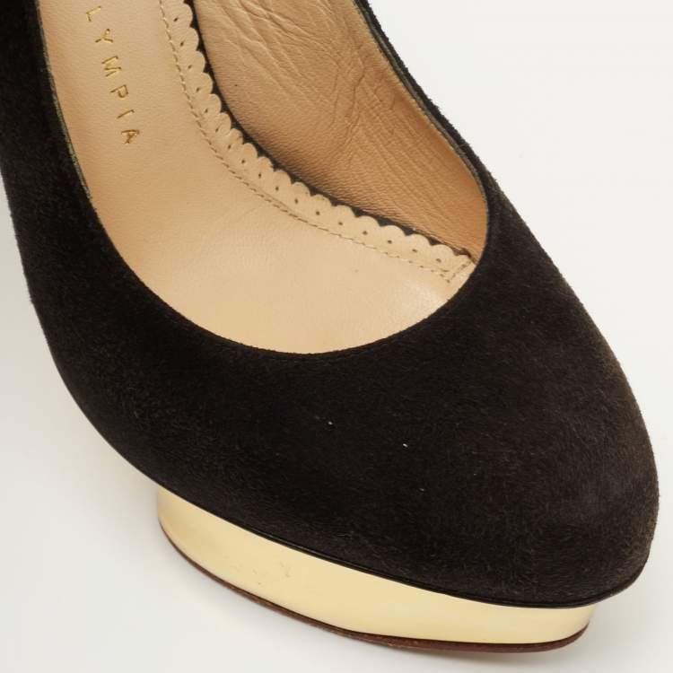 Pre Owned Charlotte Olympia Black Suede Dolly Platform Slingback Pumps Size 37.5