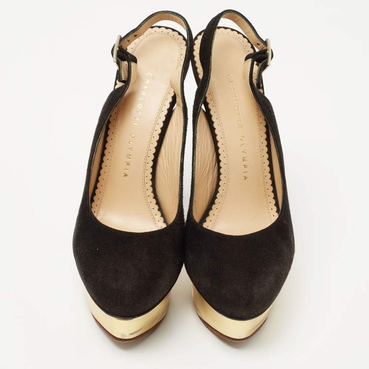 Pre Owned Charlotte Olympia Black Suede Dolly Platform Slingback Pumps Size 37.5
