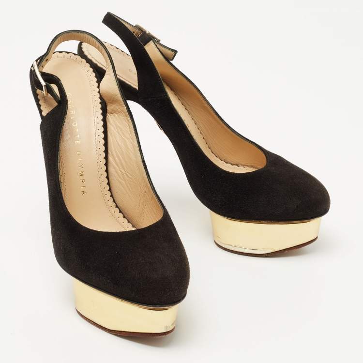 Pre Owned Charlotte Olympia Black Suede Dolly Platform Slingback Pumps Size 37.5