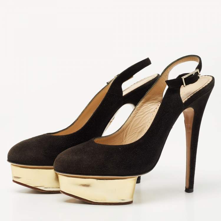 Pre Owned Charlotte Olympia Black Suede Dolly Platform Slingback Pumps Size 37.5