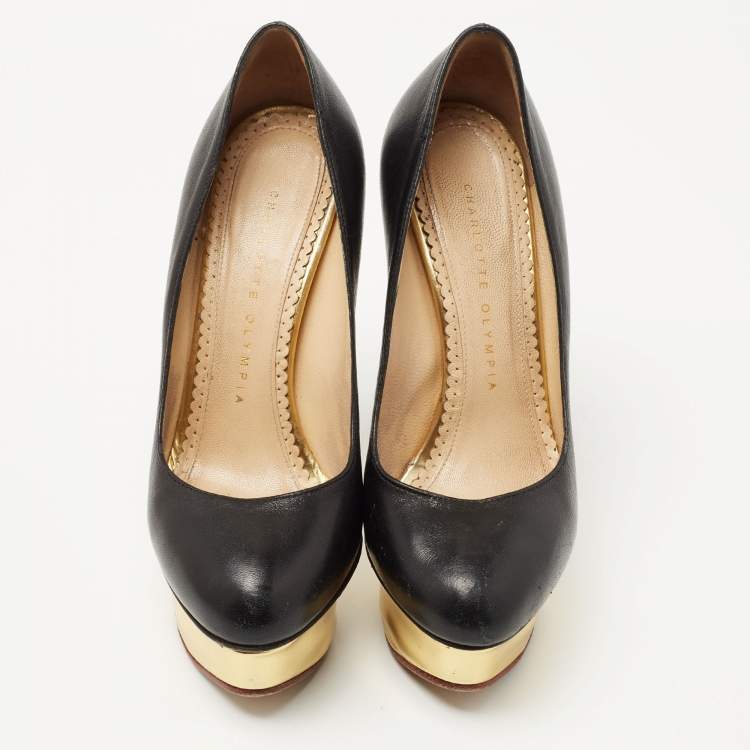 Pre Owned Charlotte Olympia Black Leather Dolly Platform Pumps Size 36.5