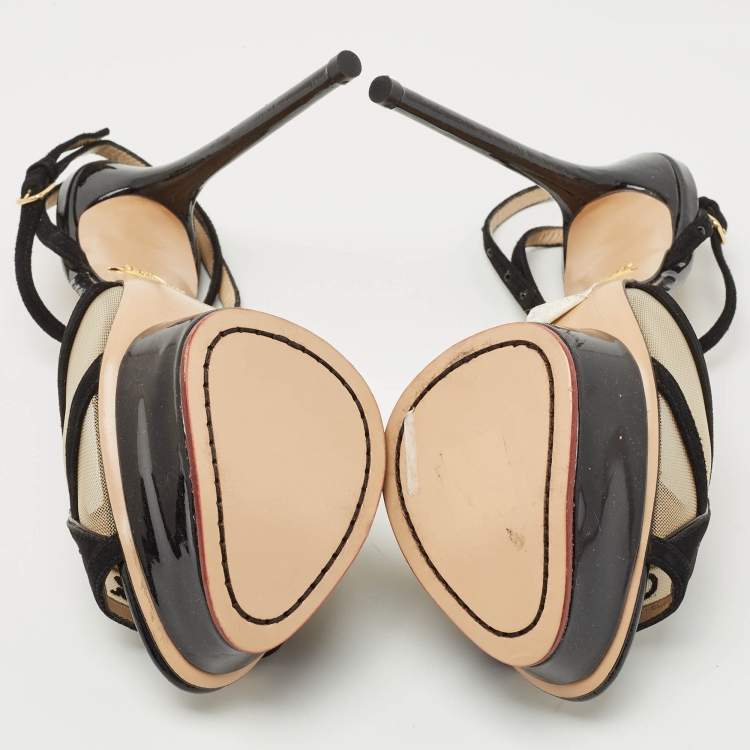 Pre Owned Charlotte Olympia Black Suede and Mesh Ooh Lala Print Ankle Strap Sandals Size 38