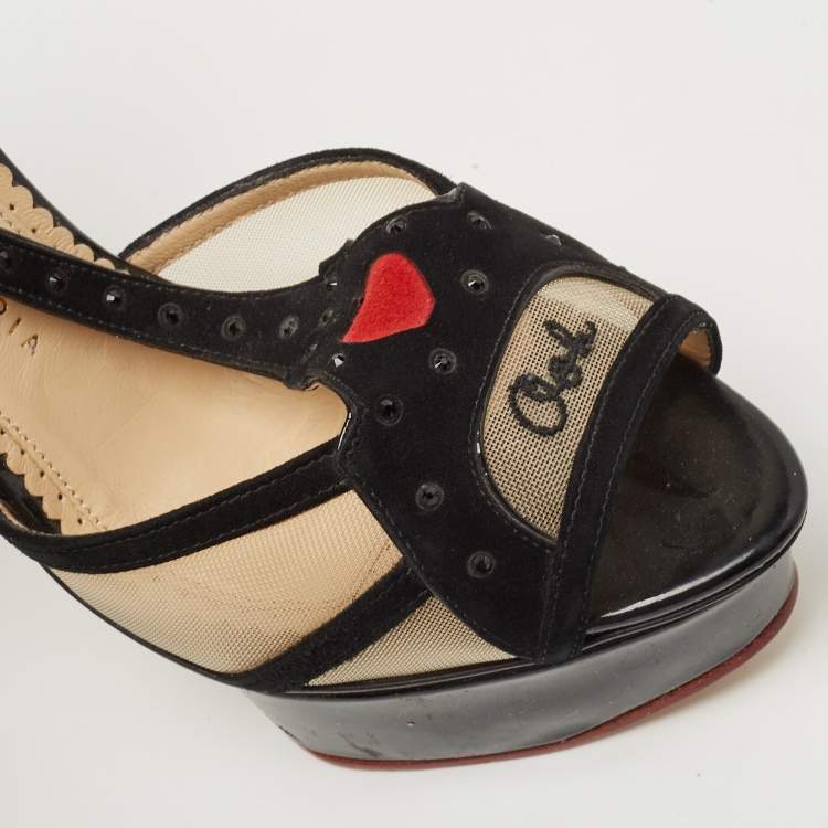 Pre Owned Charlotte Olympia Black Suede and Mesh Ooh Lala Print Ankle Strap Sandals Size 38