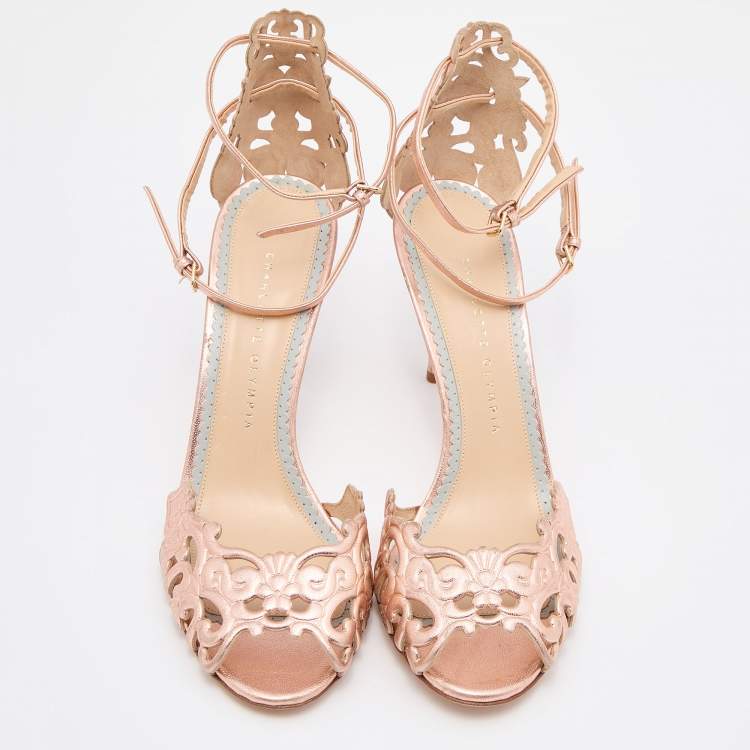 Pre Owned Charlotte Olympia Rose Gold Leather Ankle Strap Sandals Size 41