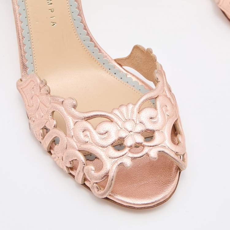 Pre Owned Charlotte Olympia Rose Gold Leather Ankle Strap Sandals Size 41