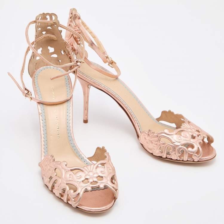 Pre Owned Charlotte Olympia Rose Gold Leather Ankle Strap Sandals Size 41